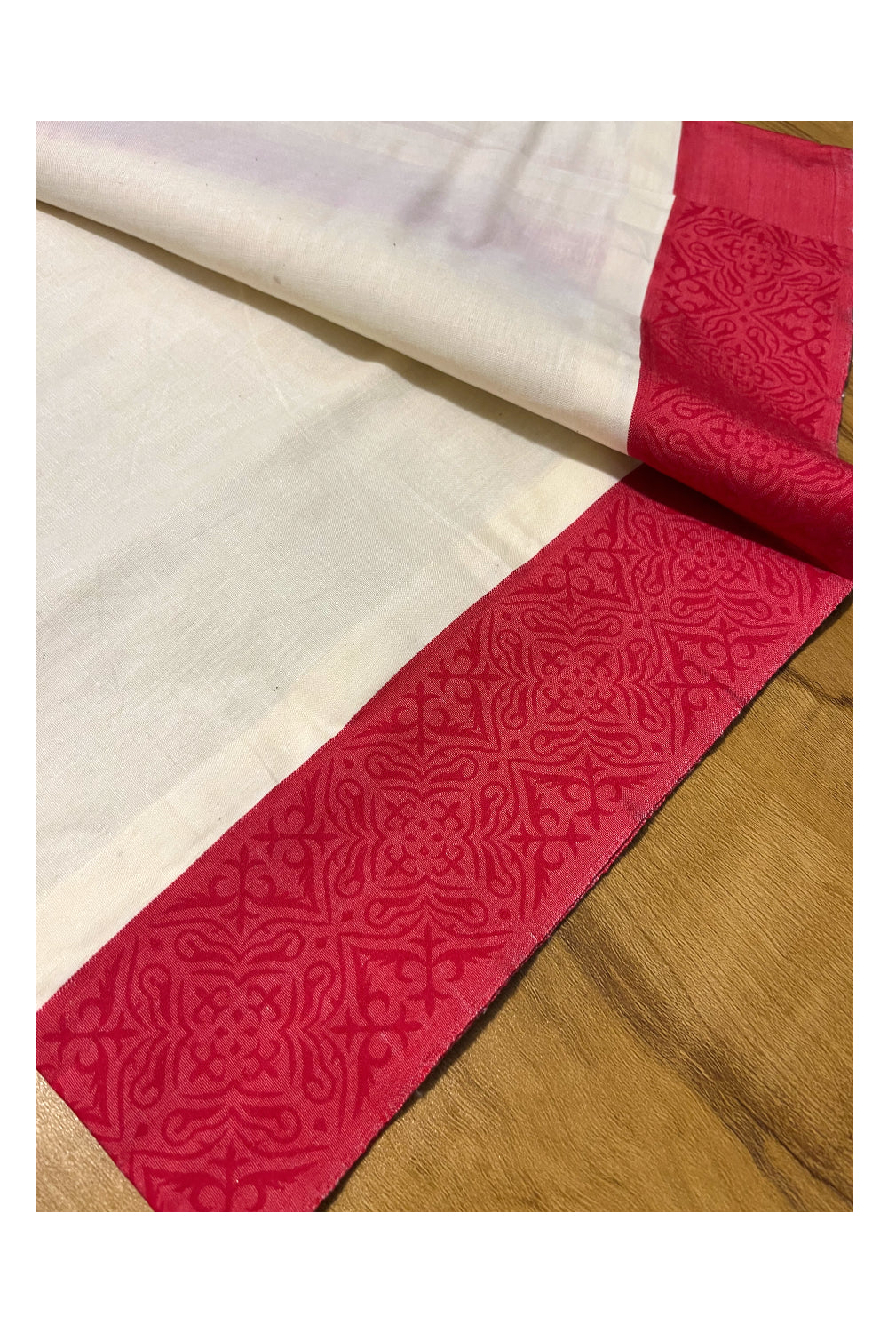 Kerala Cotton Single Set Mundu (Mundum Neriyathum) with Pink Temple Block printed Border 2.80 mtr