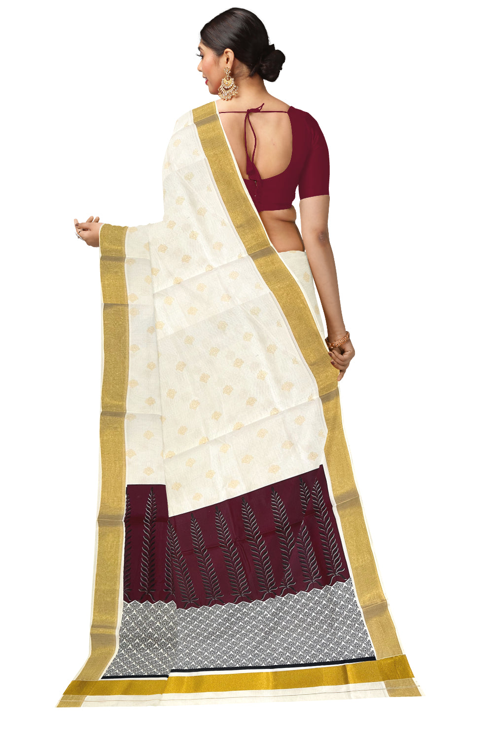 Kerala Cotton Saree with Maroon Black Block Prints and Kasavu Border (Onam Saree 2023)