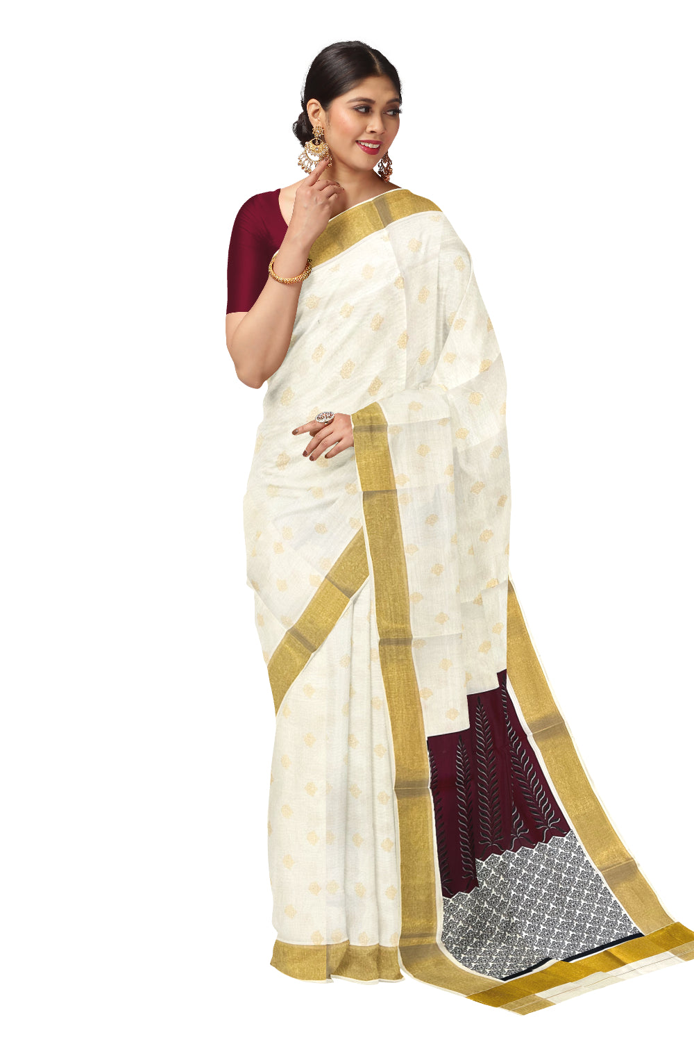 Kerala Cotton Saree with Maroon Black Block Prints and Kasavu Border (Onam Saree 2023)