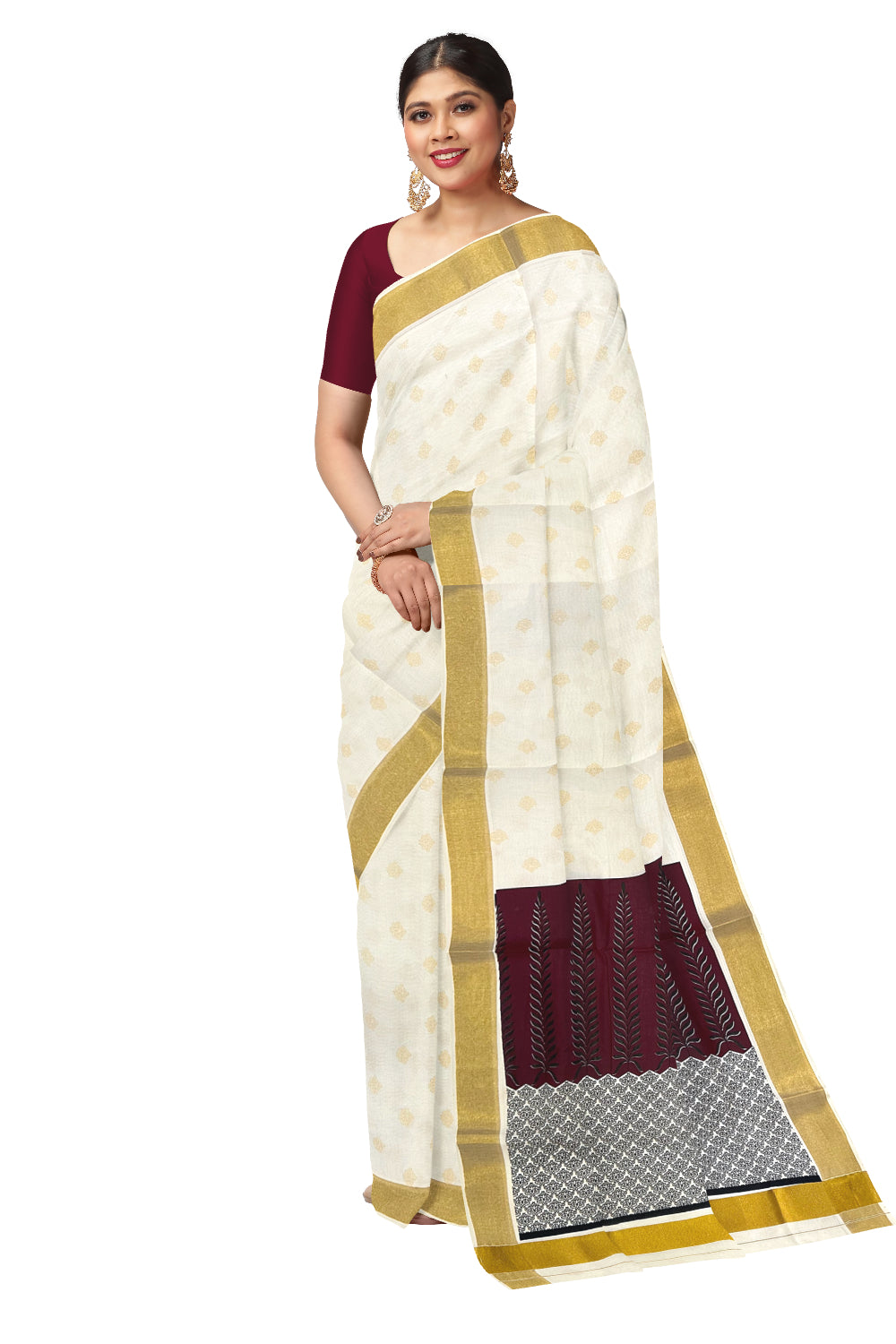 Kerala Cotton Saree with Maroon Black Block Prints and Kasavu Border (Onam Saree 2023)