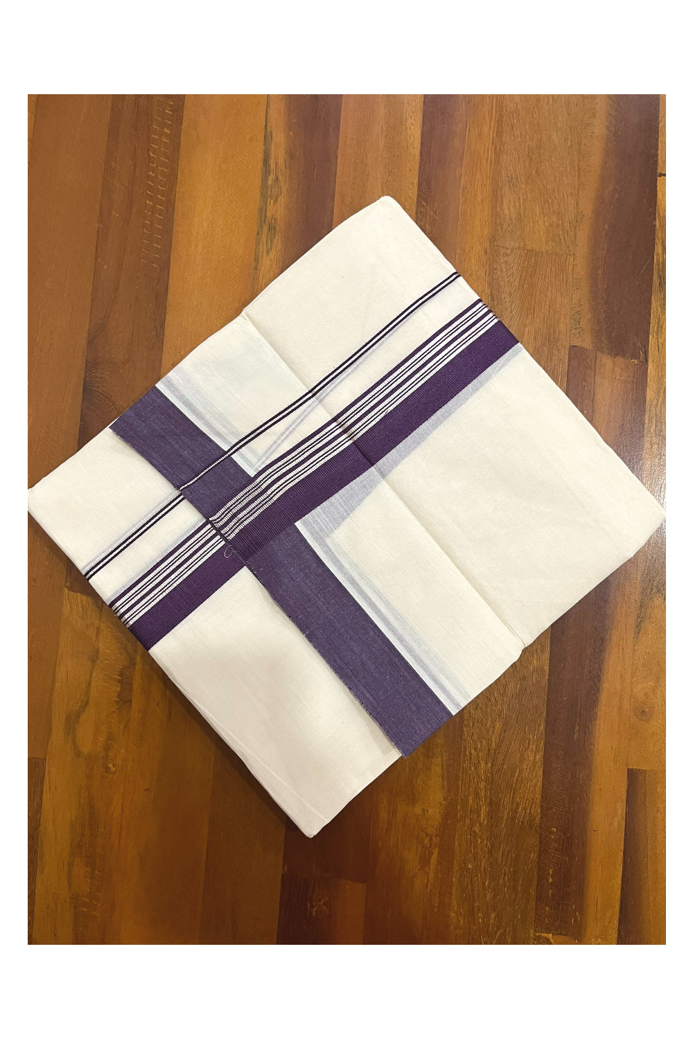 Pure Cotton 100x100 Double Mundu with Silver Kasavu and Violet Border (Onam Mundu 2023)