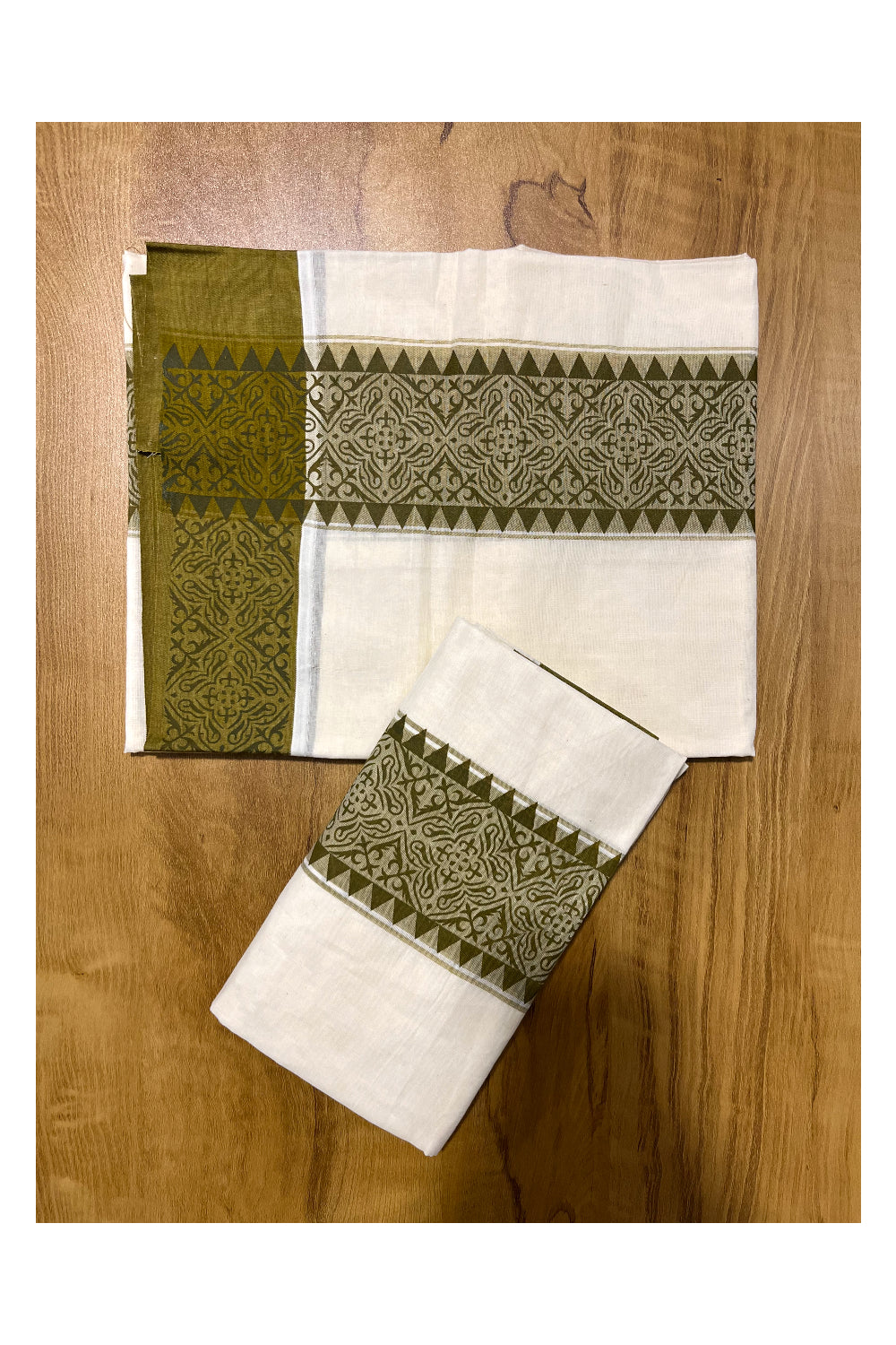 Kerala Cotton Single Set Mundu (Mundum Neriyathum) with Green Temple Block printed Border