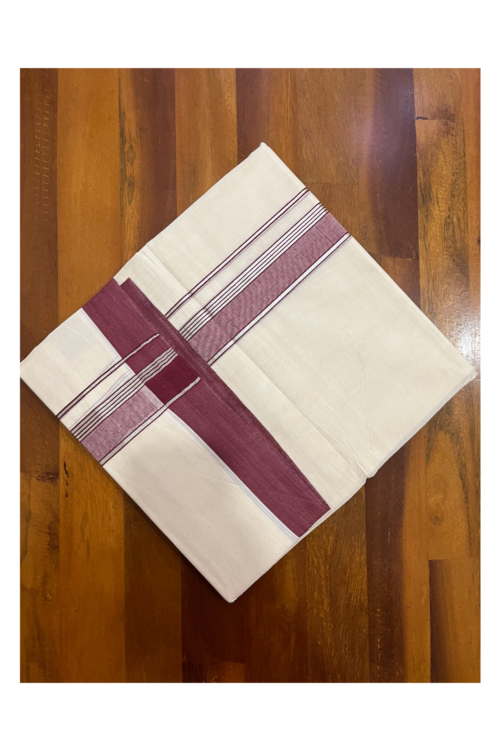 Pure Cotton 100x100 Double Mundu with Maroon and Silver Kasavu Border (Onam Mundu 2023)