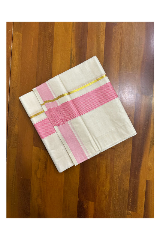 Pure Cotton Mundu with Pink Lines and Kasavu Border (South Indian Kerala Dhoti)