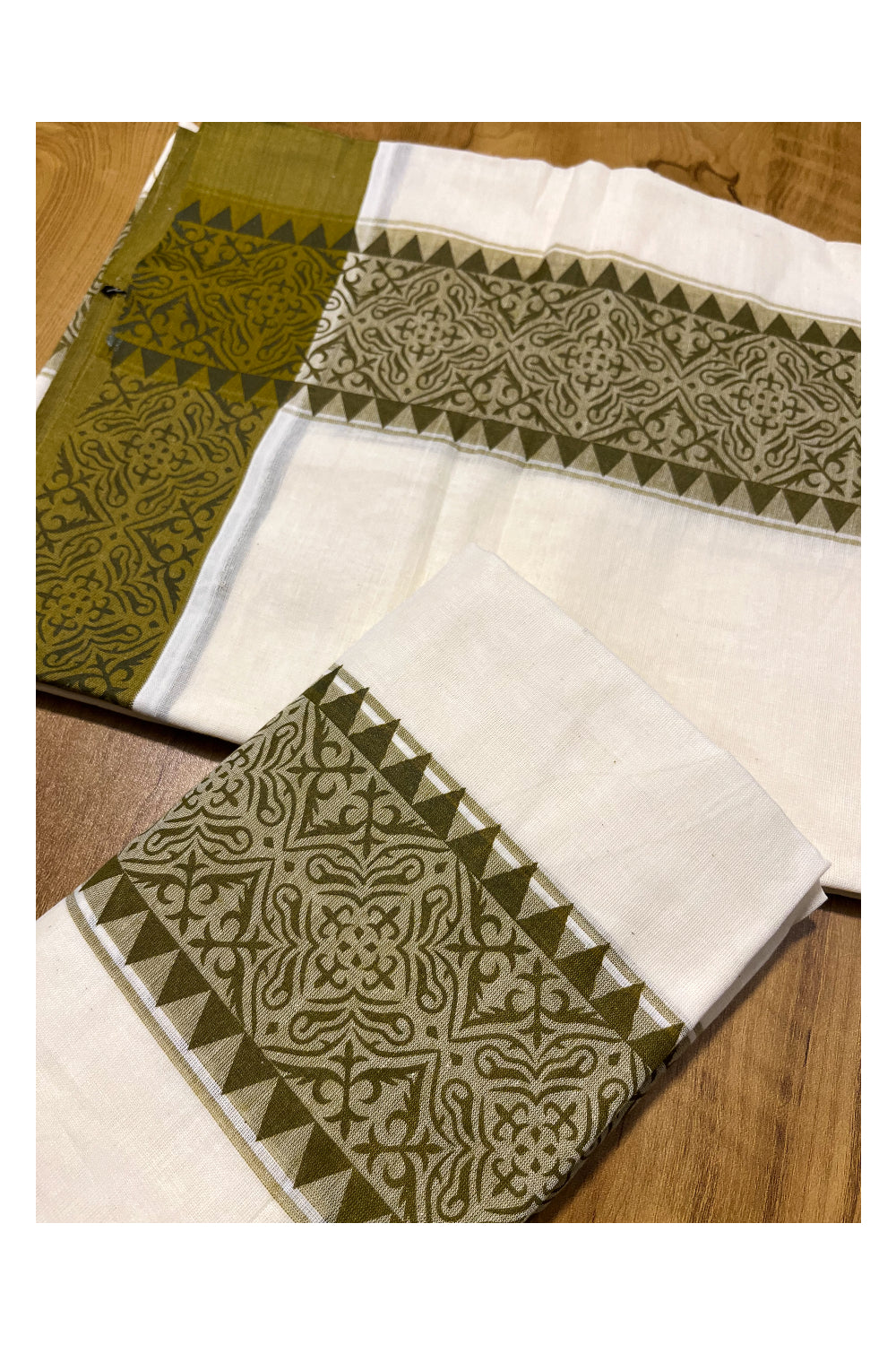 Kerala Cotton Single Set Mundu (Mundum Neriyathum) with Green Temple Block printed Border