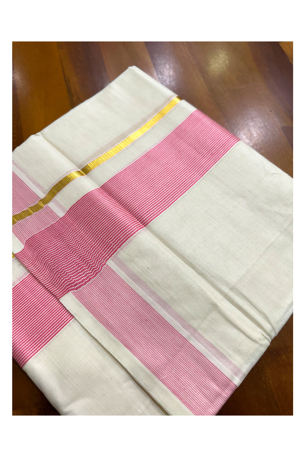 Pure Cotton Mundu with Pink Lines and Kasavu Border (South Indian Kerala Dhoti)