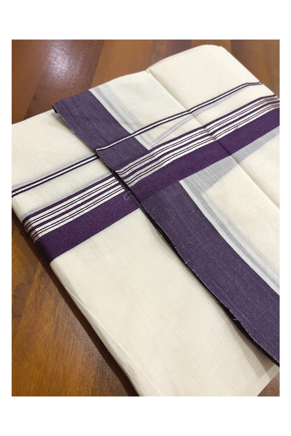 Pure Cotton 100x100 Double Mundu with Silver Kasavu and Violet Border (Onam Mundu 2023)