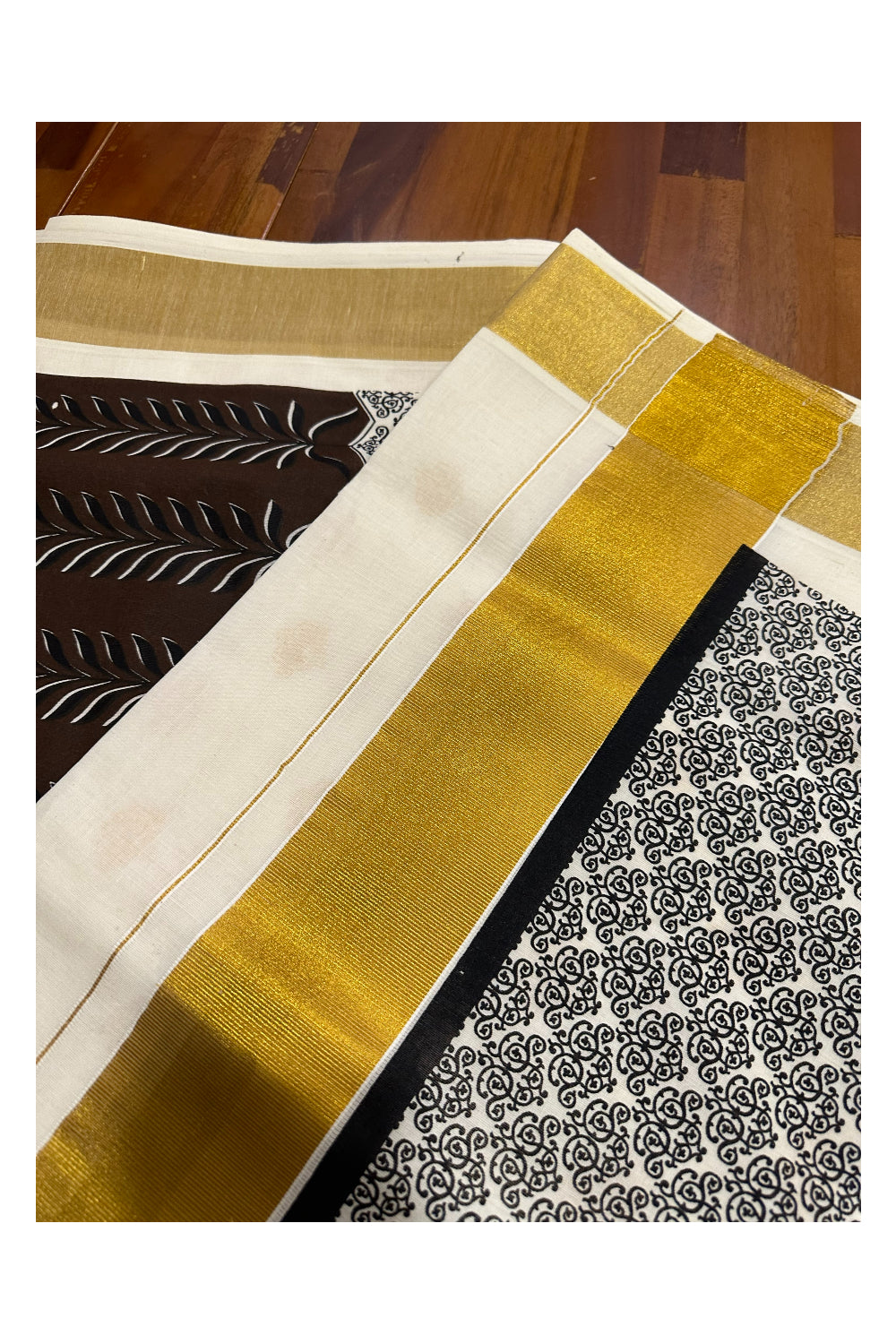 Kerala Cotton Saree with Brown Black Block Prints and Kasavu Border