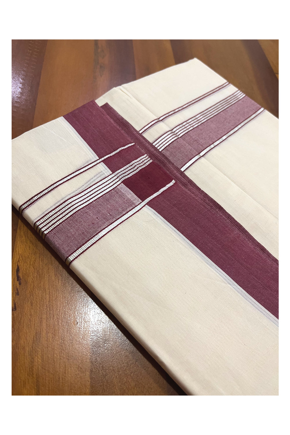 Pure Cotton 100x100 Double Mundu with Maroon and Silver Kasavu Border (Onam Mundu 2023)