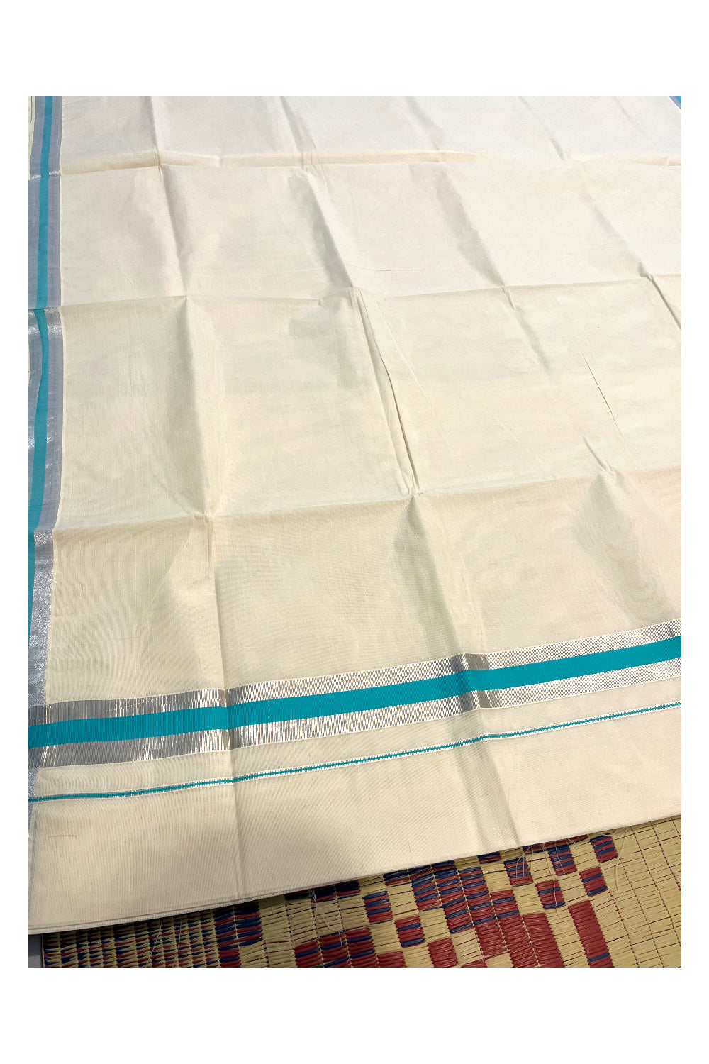 Kerala Pure Cotton Plain Saree with Silver Kasavu and Turquoise Border