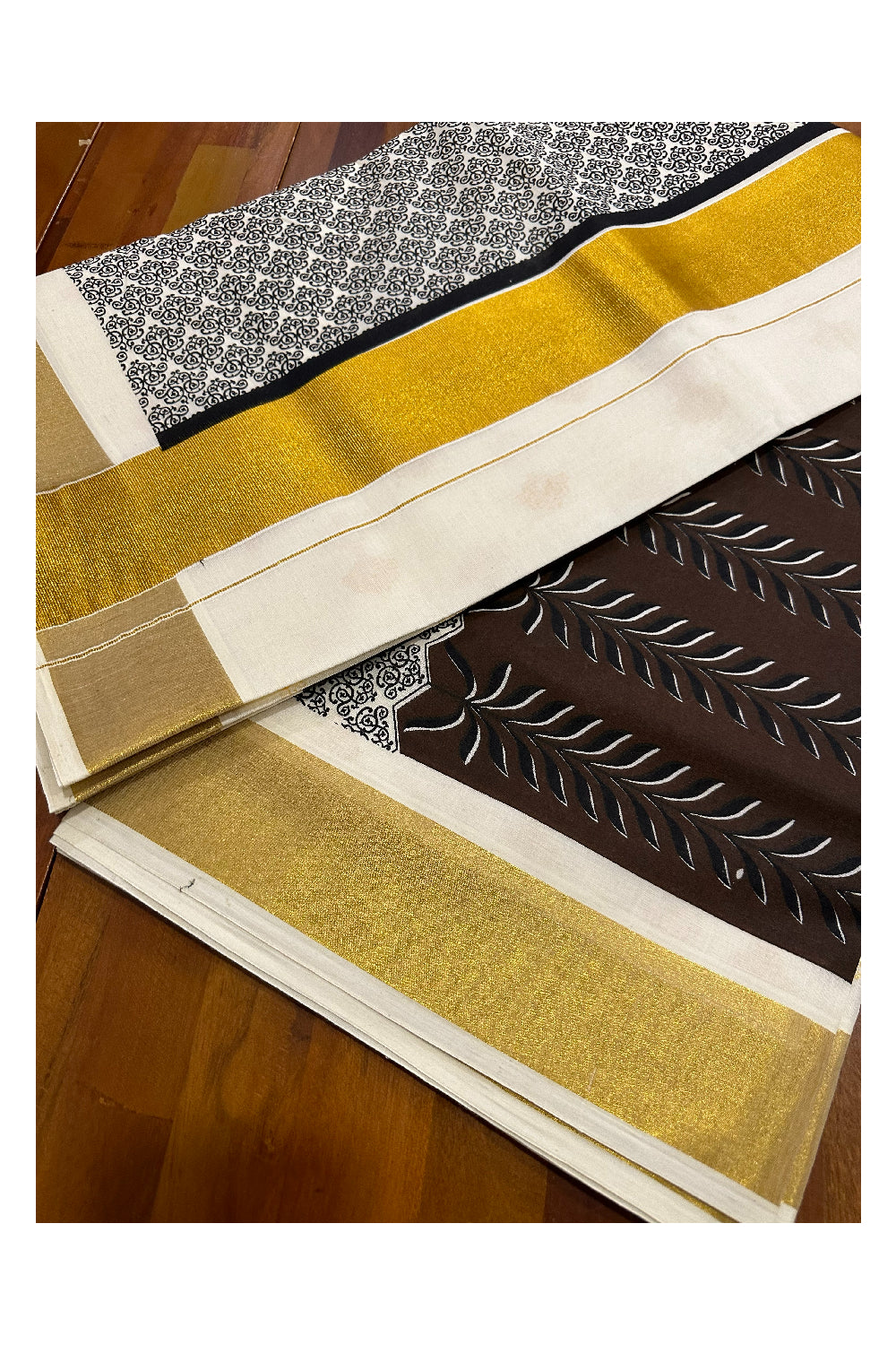 Kerala Cotton Saree with Brown Black Block Prints and Kasavu Border