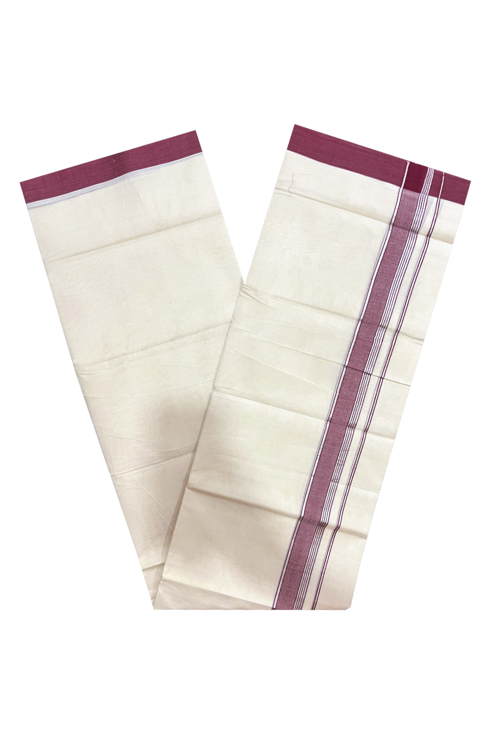 Pure Cotton 100x100 Double Mundu with Maroon and Silver Kasavu Border (Onam Mundu 2023)