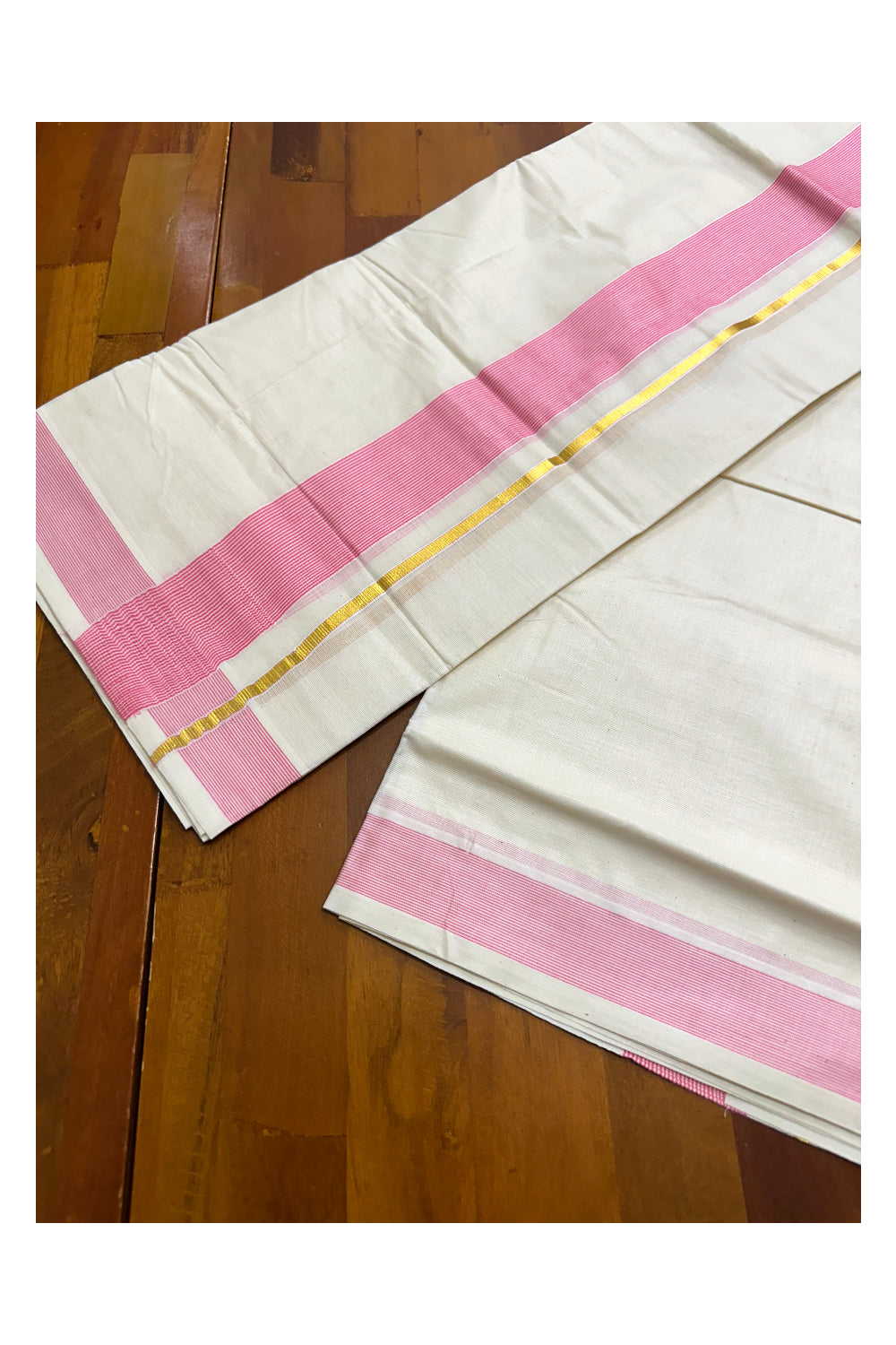 Pure Cotton Mundu with Pink Lines and Kasavu Border (South Indian Kerala Dhoti)