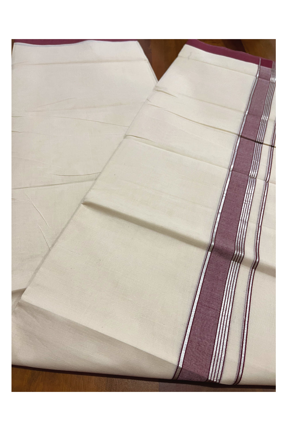 Pure Cotton 100x100 Double Mundu with Maroon and Silver Kasavu Border (Onam Mundu 2023)