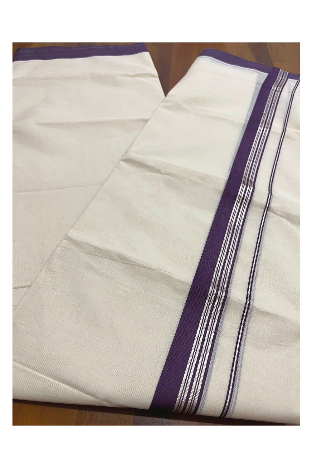 Pure Cotton 100x100 Double Mundu with Silver Kasavu and Violet Border (Onam Mundu 2023)