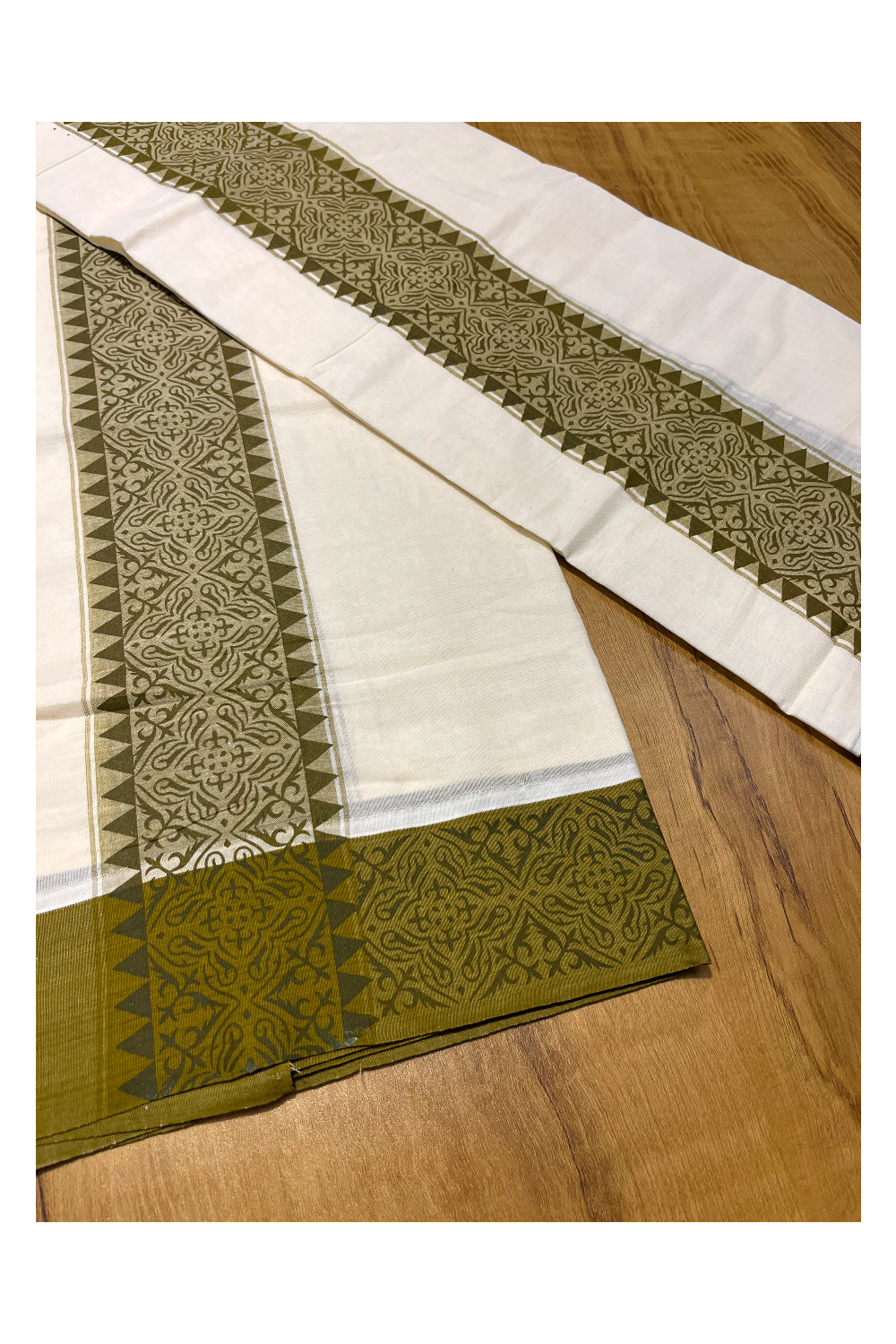 Kerala Cotton Single Set Mundu (Mundum Neriyathum) with Green Temple Block printed Border