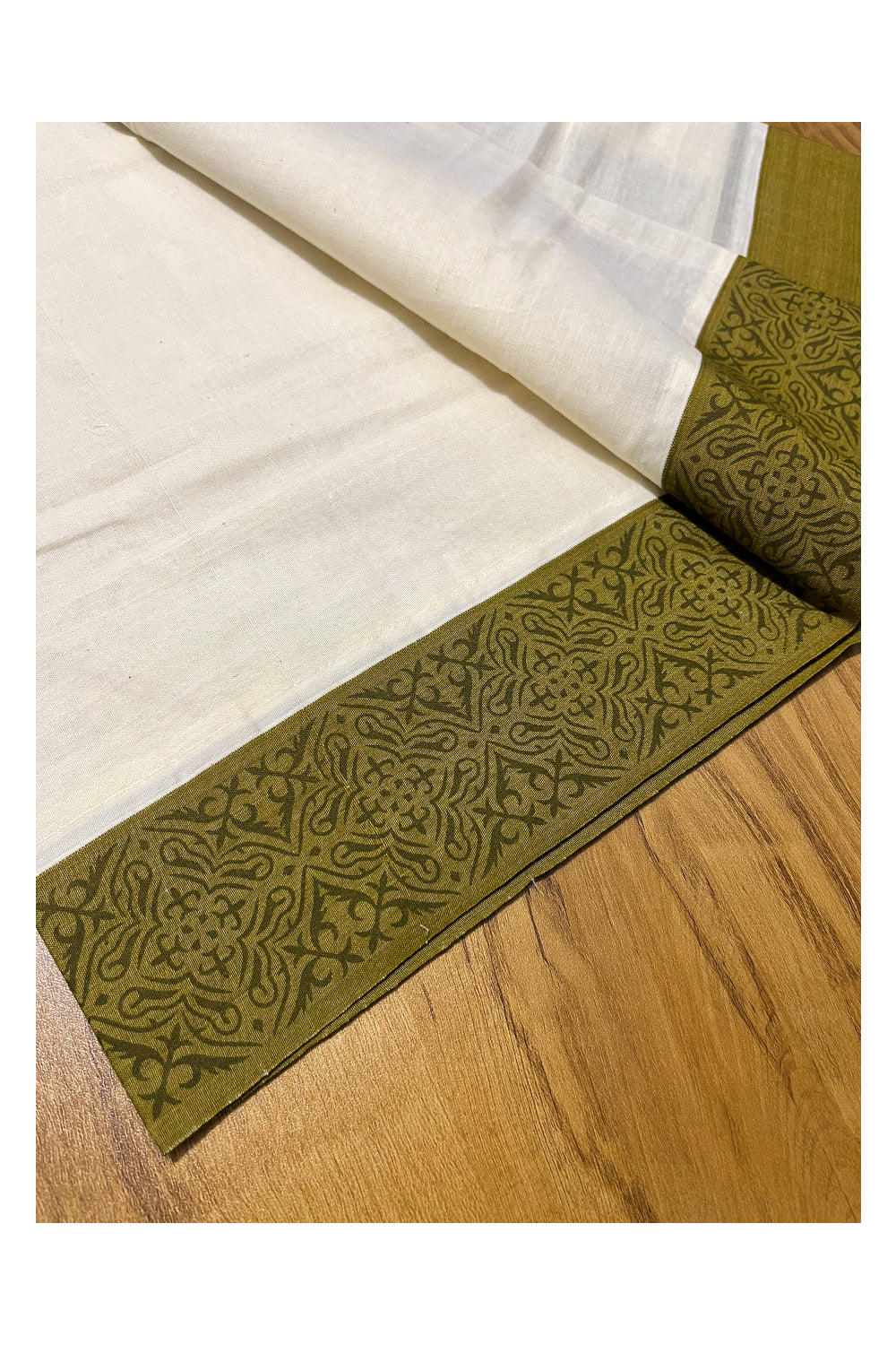 Kerala Cotton Single Set Mundu (Mundum Neriyathum) with Green Temple Block printed Border