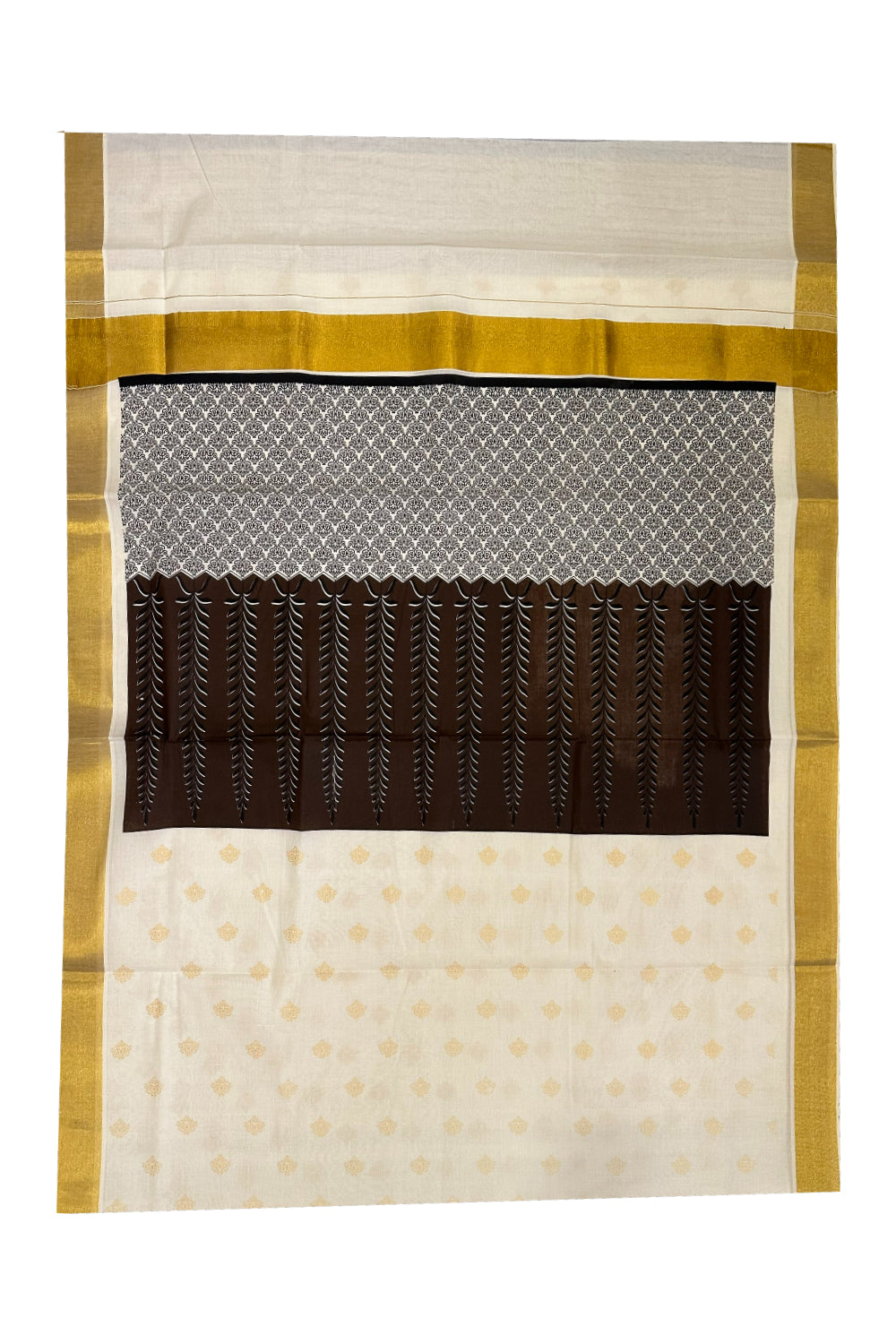 Kerala Cotton Saree with Brown Black Block Prints and Kasavu Border