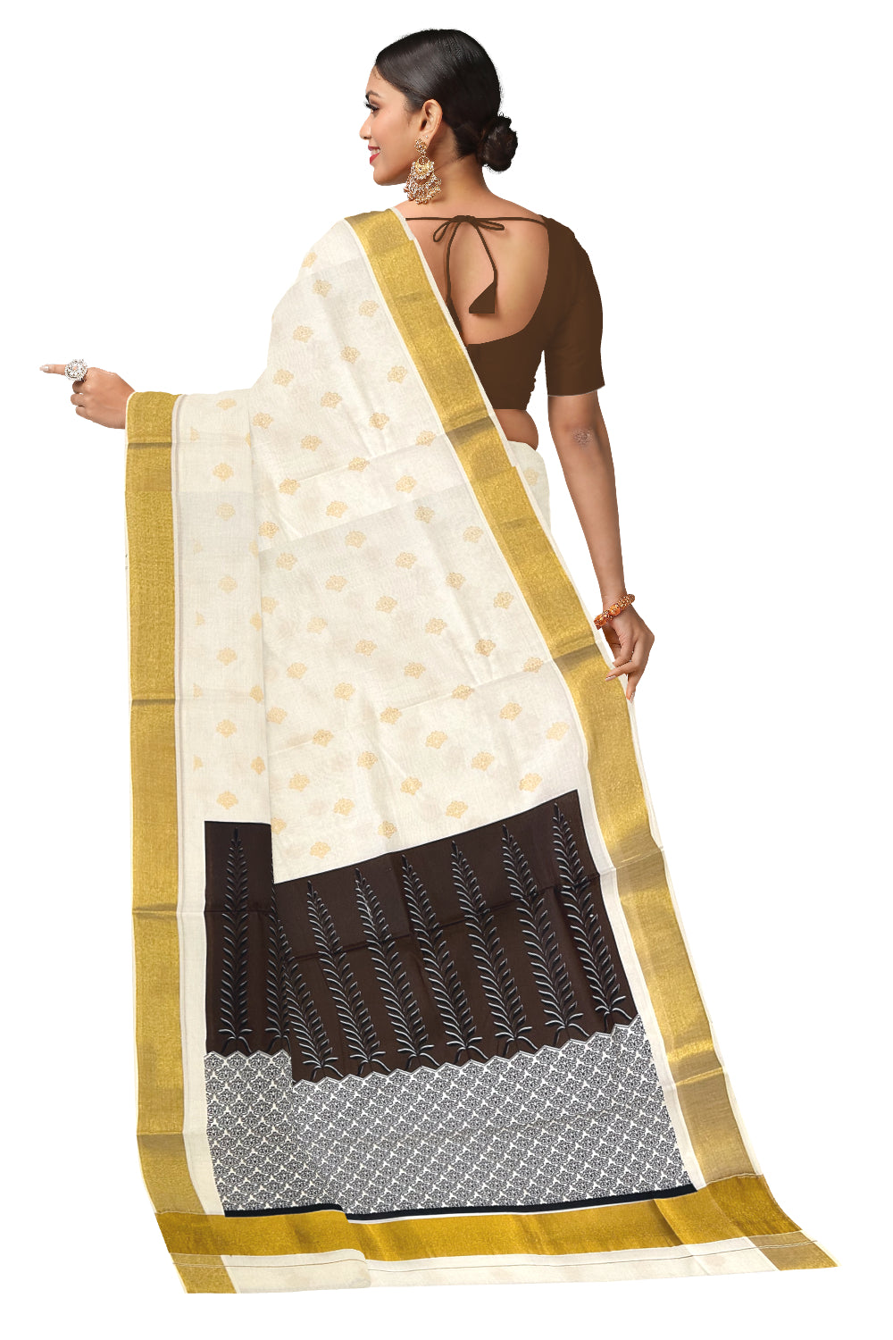 Kerala Cotton Saree with Brown Black Block Prints and Kasavu Border