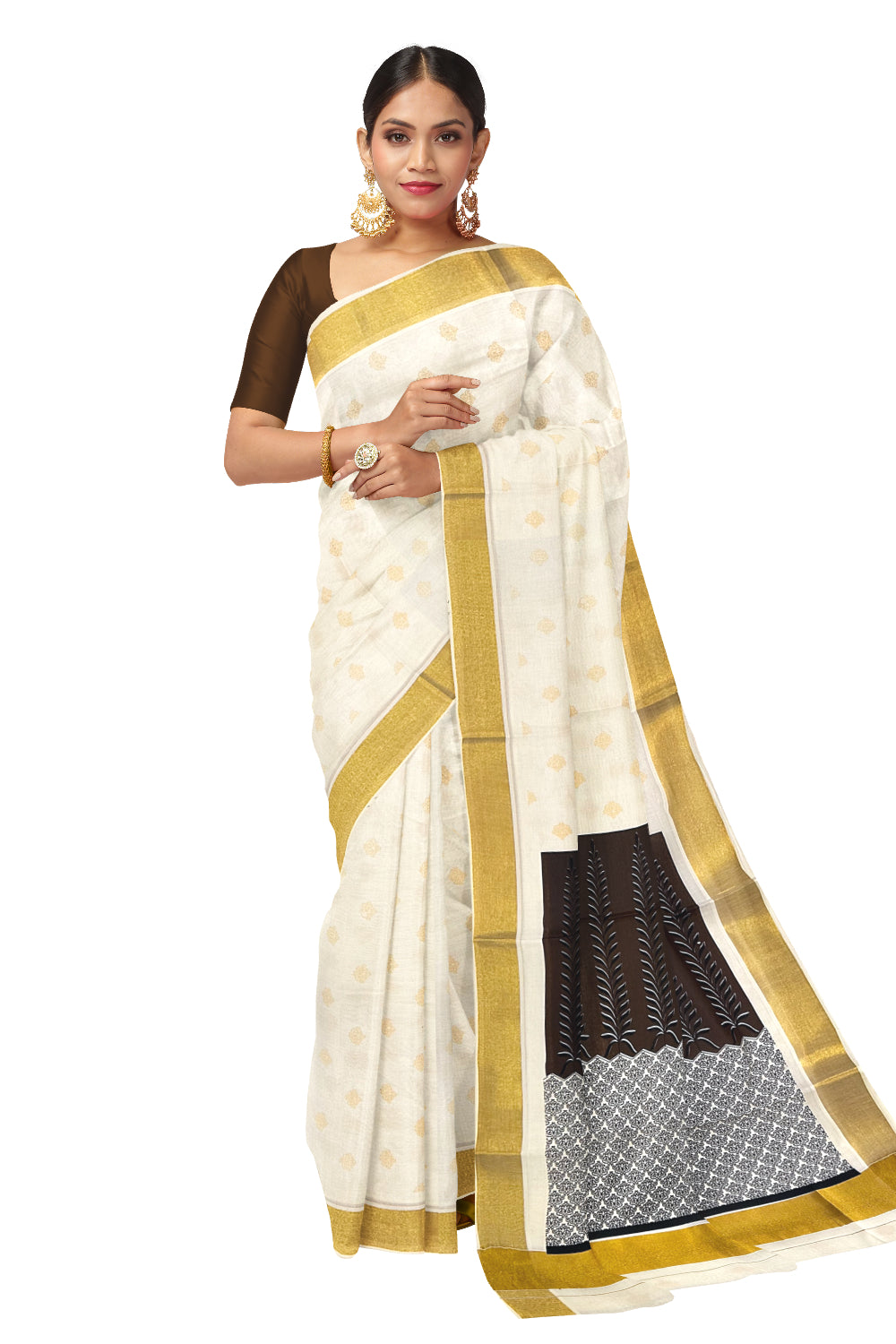 Kerala Cotton Saree with Brown Black Block Prints and Kasavu Border