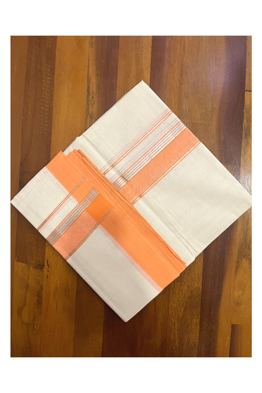 Pure Cotton 100x100 Double Mundu with Orange and Silver Kasavu Border