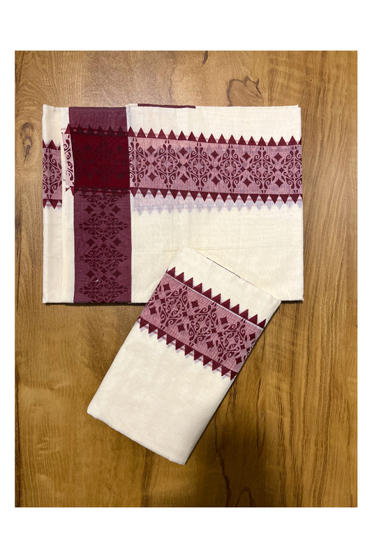 Kerala Cotton Single Set Mundu (Mundum Neriyathum) with Maroon Temple Block printed Border 2.80 mtr