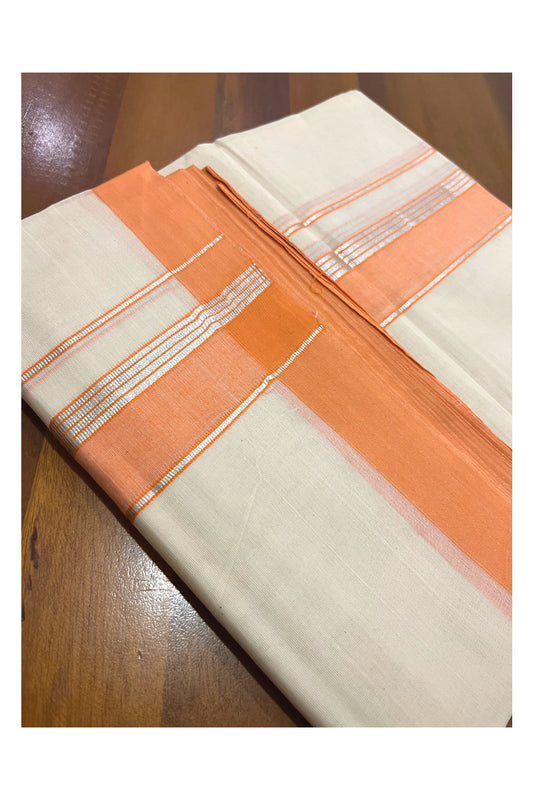 Pure Cotton 100x100 Double Mundu with Orange and Silver Kasavu Border