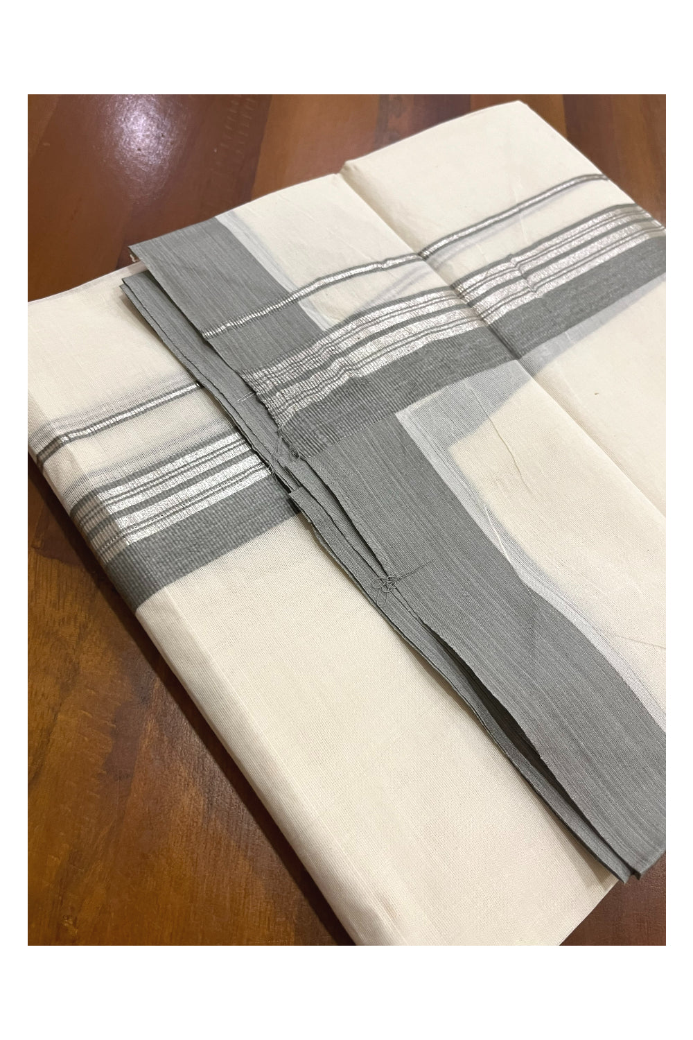 Pure Cotton 100x100 Double Mundu with Silver Kasavu and Grey Border (Onam Mundu 2023)