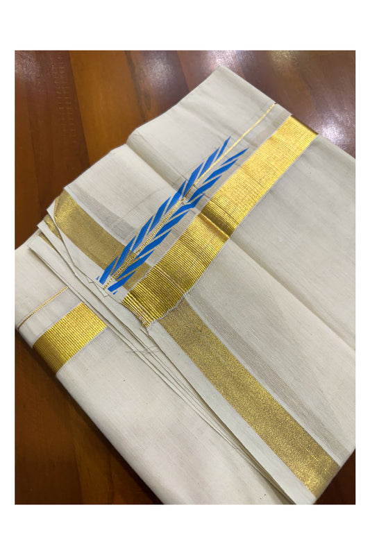 Kerala Pure Cotton Double Mundu with Blue Chutti Printed Designs on Kasavu Border (South Indian Kerala Dhoti)