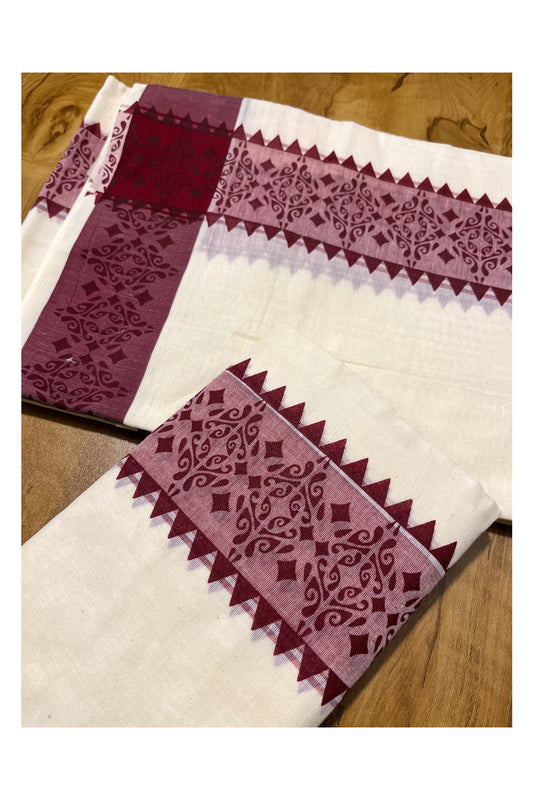 Kerala Cotton Single Set Mundu (Mundum Neriyathum) with Maroon Temple Block printed Border 2.80 mtr