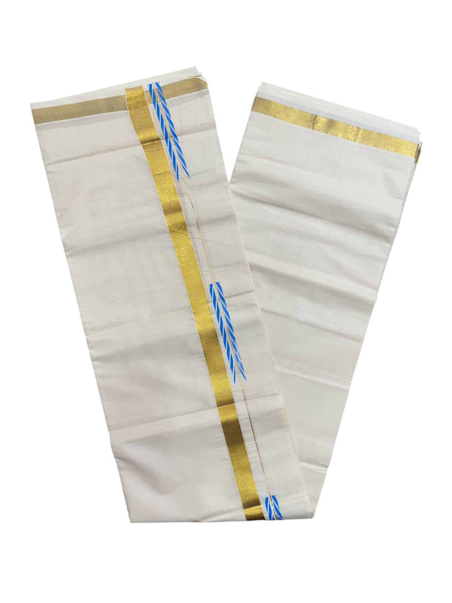 Kerala Pure Cotton Double Mundu with Blue Chutti Printed Designs on Kasavu Border (South Indian Kerala Dhoti)