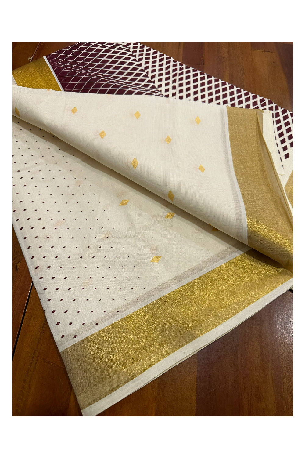 Kerala Cotton Saree with Maroon Block Prints and Kasavu Border (Onam Saree 2023)