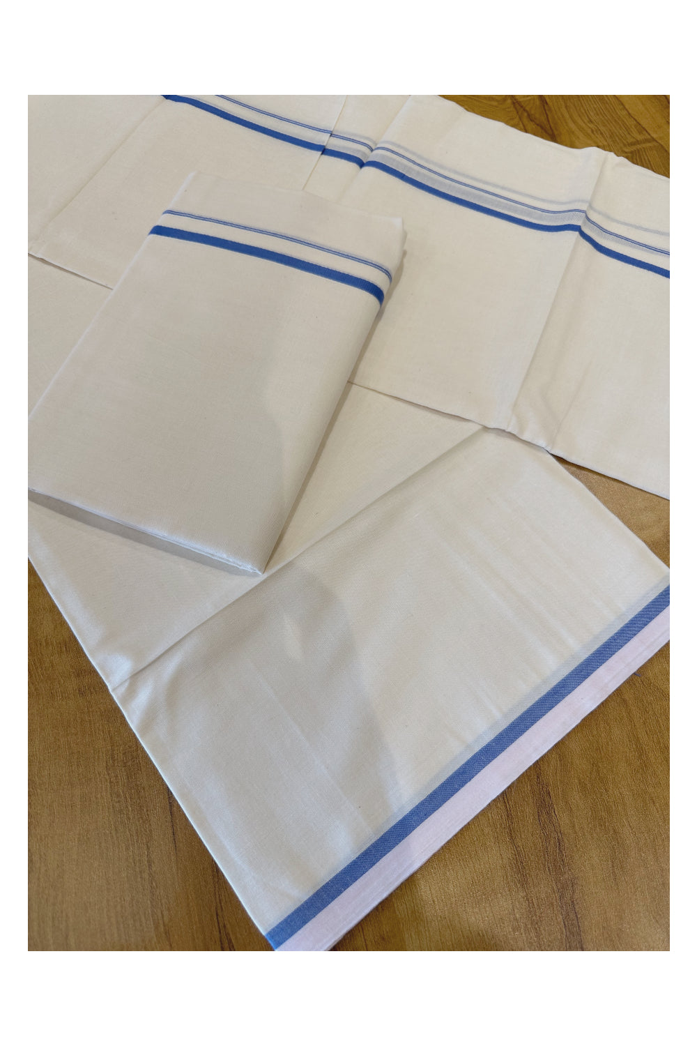 Kerala Cotton Set Mundu (Mundum Neriyathum) with 0.5 inch Blue Border