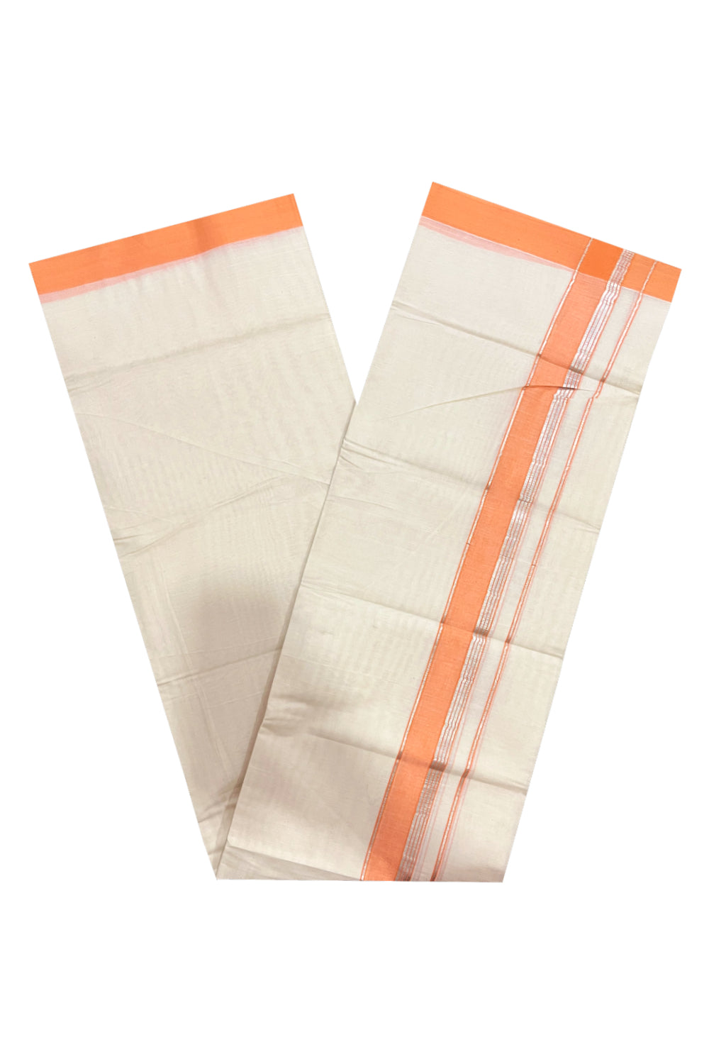 Pure Cotton 100x100 Double Mundu with Orange and Silver Kasavu Border