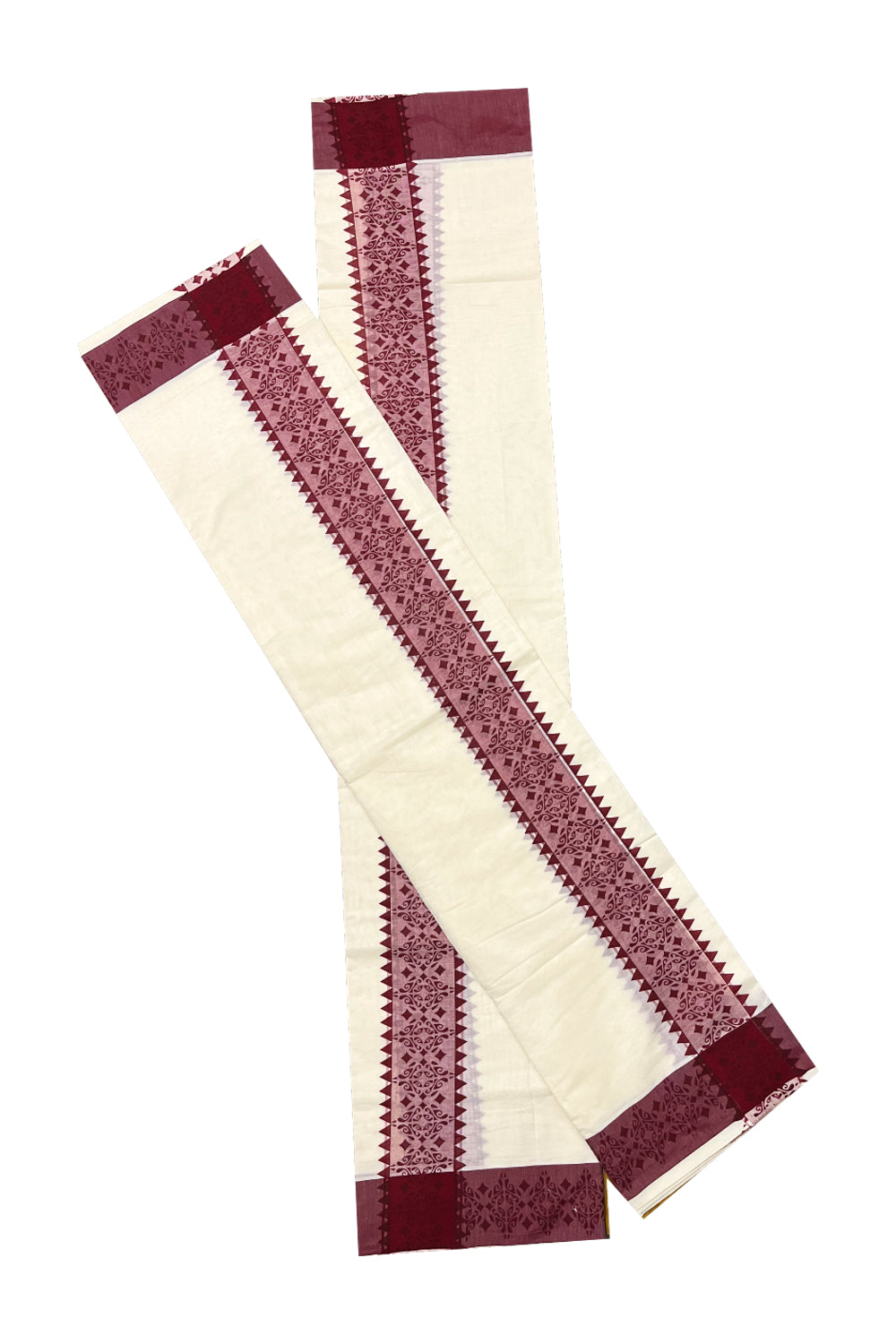 Kerala Cotton Single Set Mundu (Mundum Neriyathum) with Maroon Temple Block printed Border 2.80 mtr