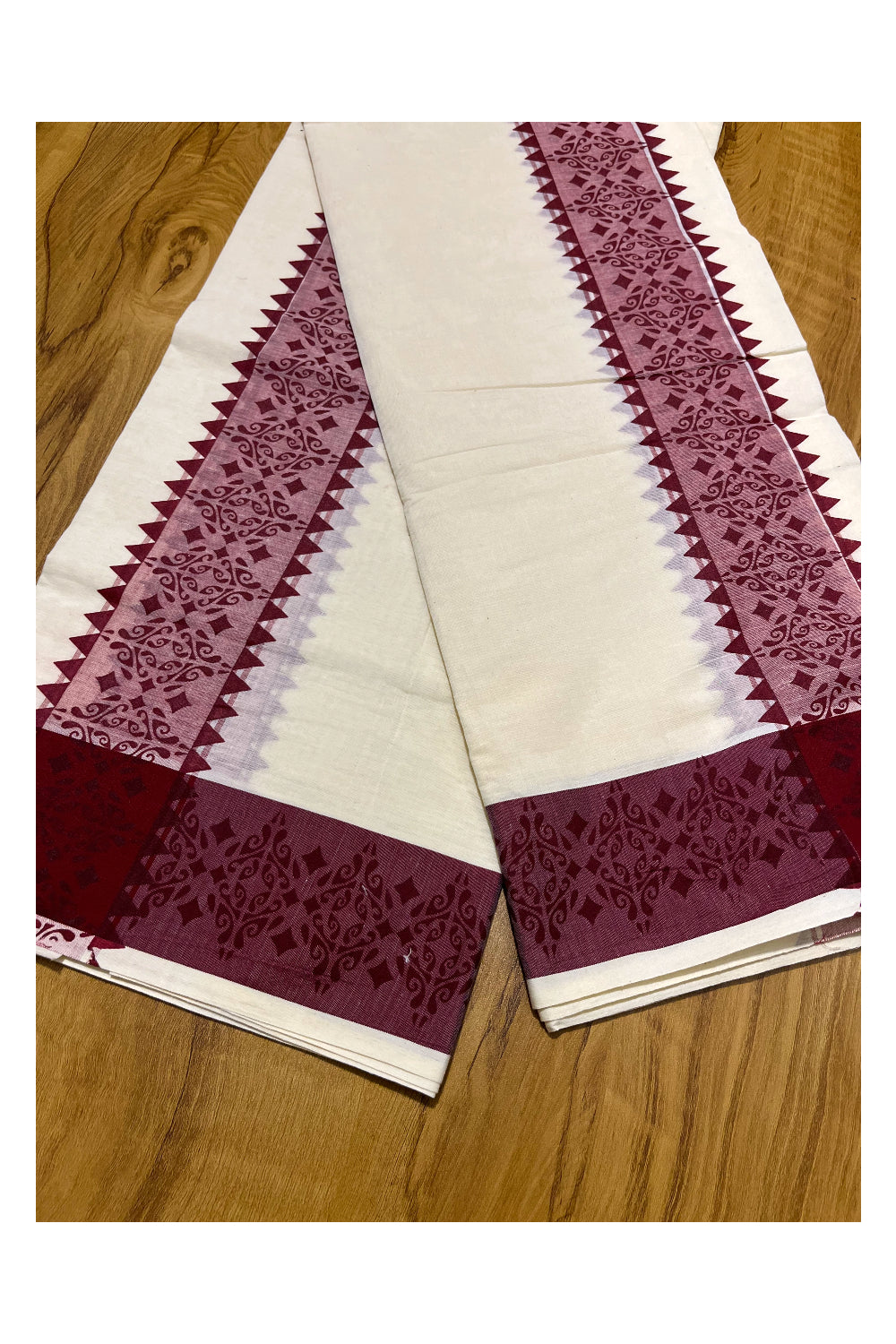 Kerala Cotton Single Set Mundu (Mundum Neriyathum) with Maroon Temple Block printed Border 2.80 mtr