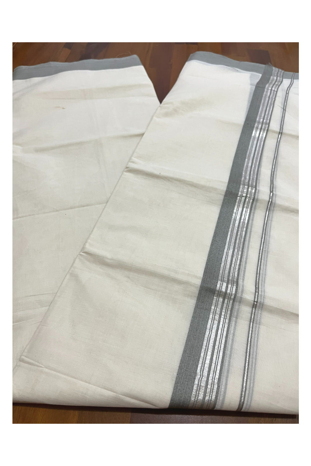 Pure Cotton 100x100 Double Mundu with Silver Kasavu and Grey Border (Onam Mundu 2023)