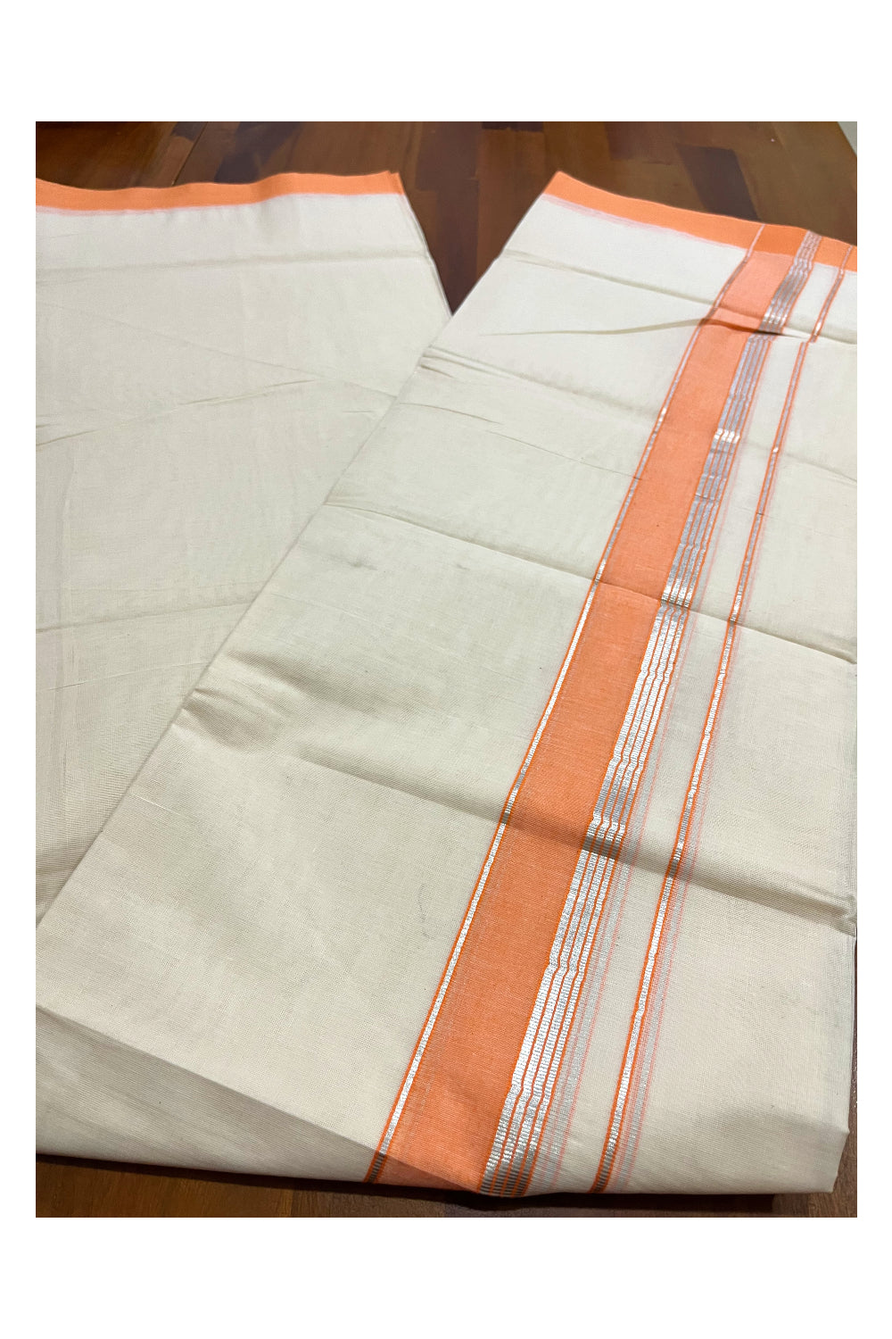 Pure Cotton 100x100 Double Mundu with Orange and Silver Kasavu Border