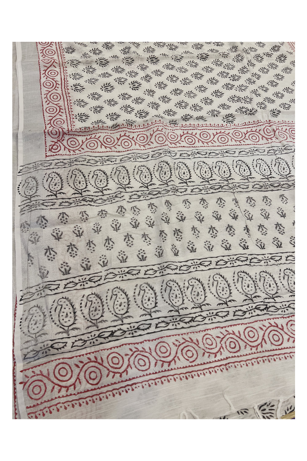 Southloom Linen White Red and Black Designer Saree