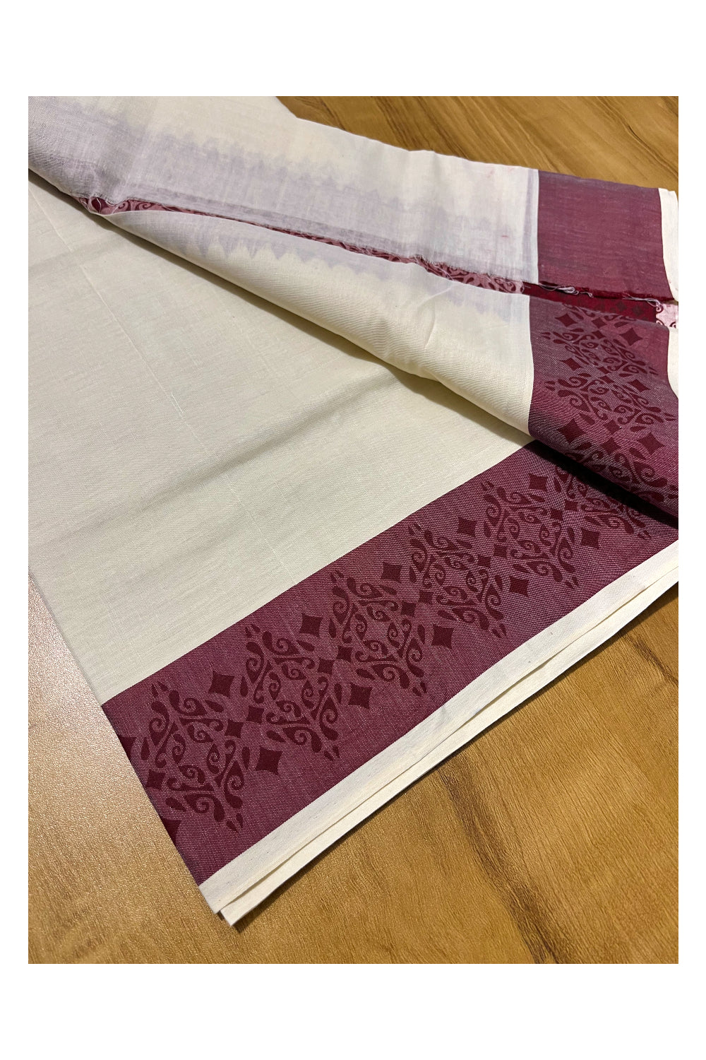 Kerala Cotton Single Set Mundu (Mundum Neriyathum) with Maroon Temple Block printed Border 2.80 mtr