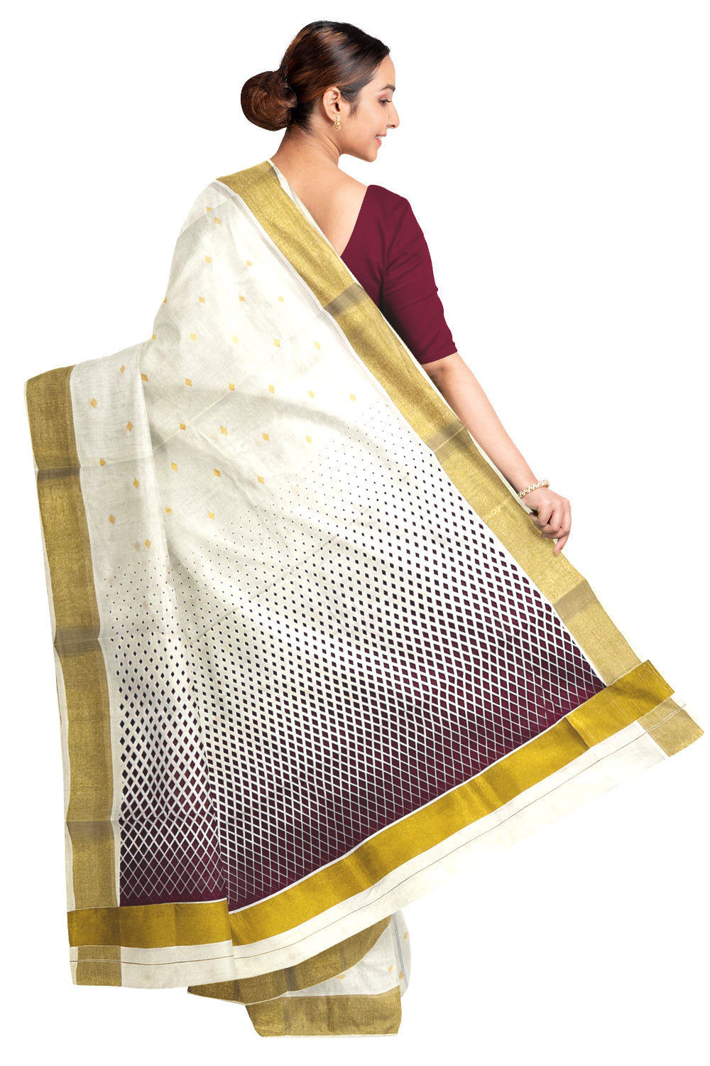 Kerala Cotton Saree with Maroon Block Prints and Kasavu Border (Onam Saree 2023)