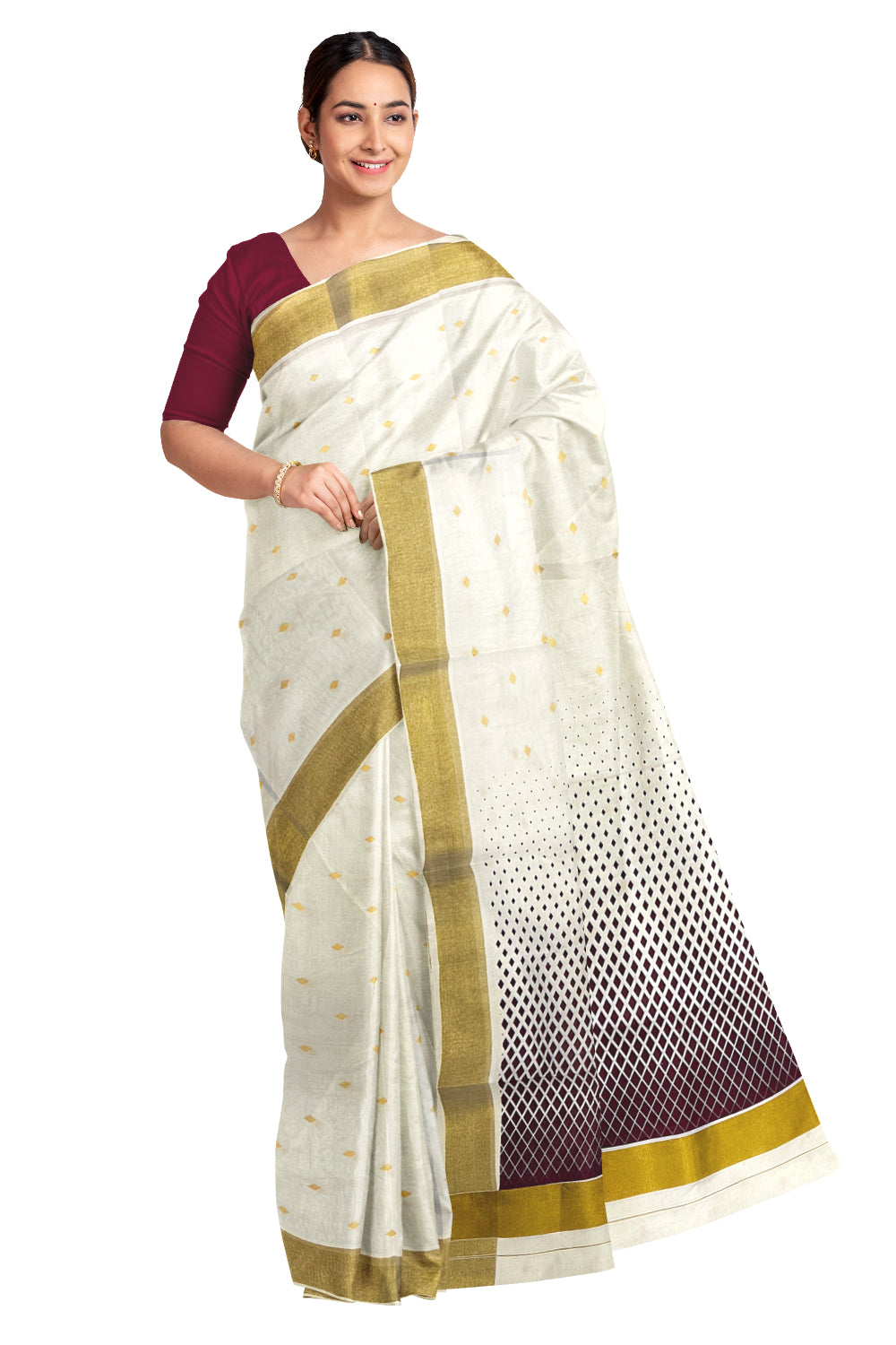 Kerala Cotton Saree with Maroon Block Prints and Kasavu Border (Onam Saree 2023)