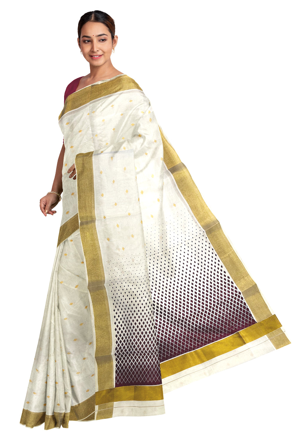 Kerala Cotton Saree with Maroon Block Prints and Kasavu Border (Onam Saree 2023)