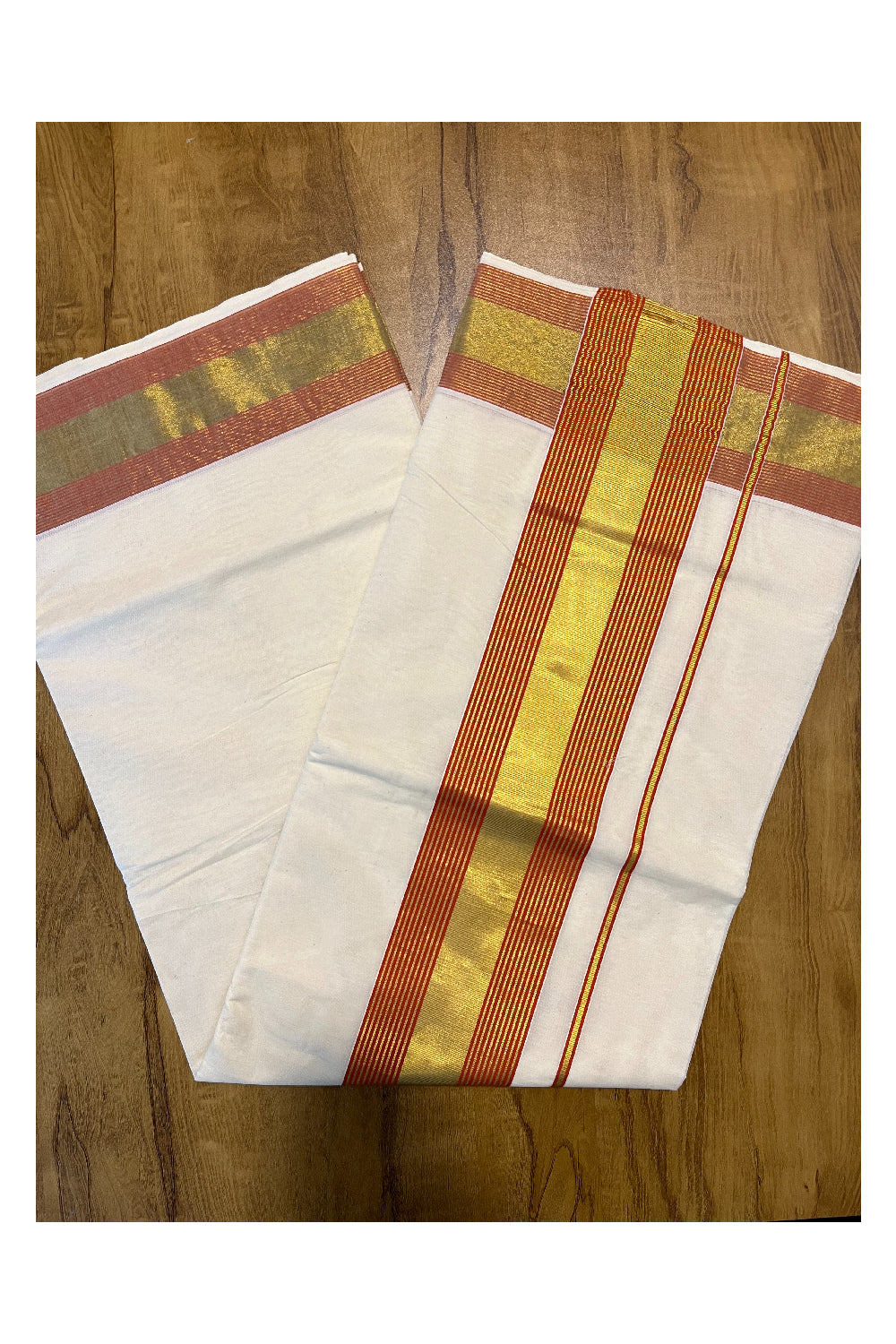 Pure Cotton Kerala Saree with Orange and Kasavu Lines Border and Pallu