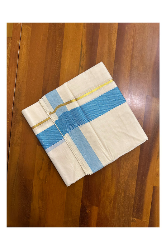 Pure Cotton Mundu with Blue Lines and Kasavu Border (South Indian Kerala Dhoti)