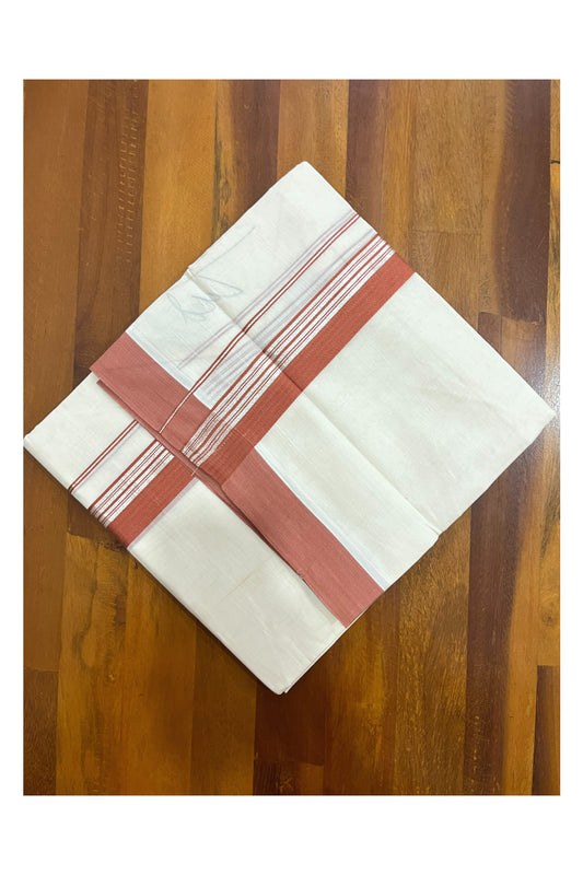 Pure Cotton 100x100 Double Mundu with Silver Kasavu and Dark Orange Border (Onam Mundu 2023)