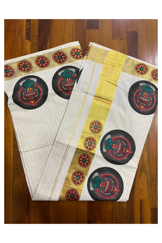 Pure Cotton Kerala Kasavu Lines Saree with Kathakali Mural Prints across the Border and Pallu