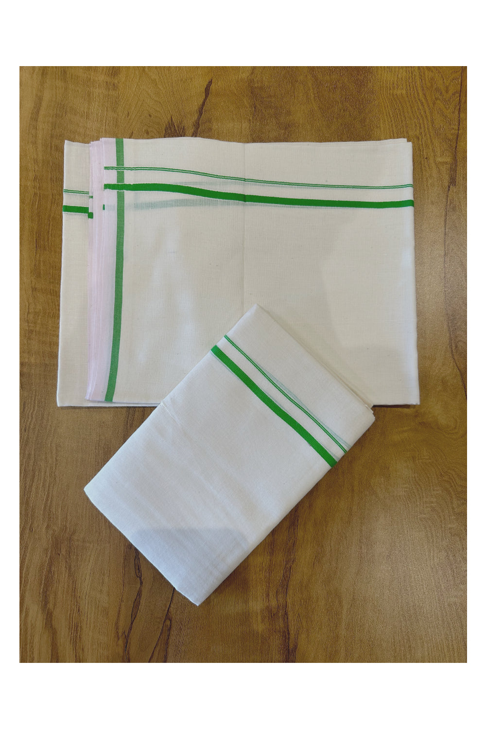 Kerala Cotton Set Mundu (Mundum Neriyathum) with 0.5 inch Light Green Border