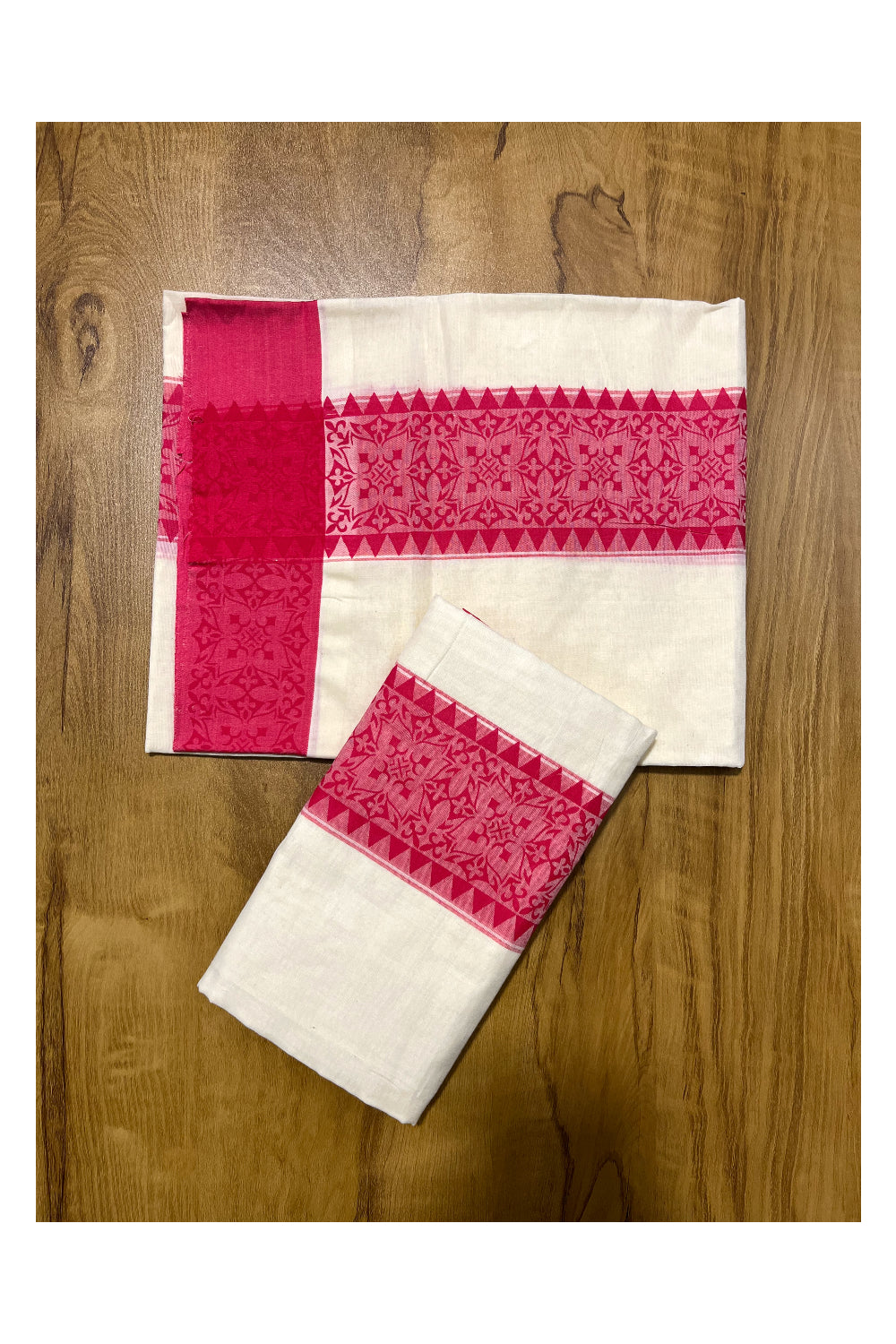 Kerala Cotton Single Set Mundu (Mundum Neriyathum) with Pink Temple  Block printed Border