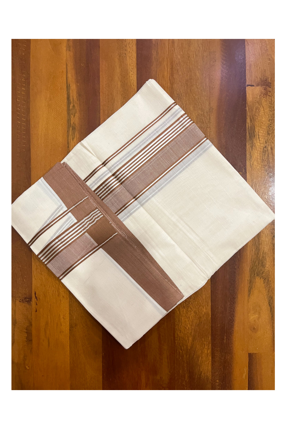 Pure Cotton 100x100 Double Mundu with Brown and Silver Kasavu Border (Onam Mundu 2023)